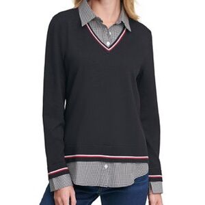 TOMMY HILFIGER Layered-Look Striped-Edge Sweater Preppy Women’s Large